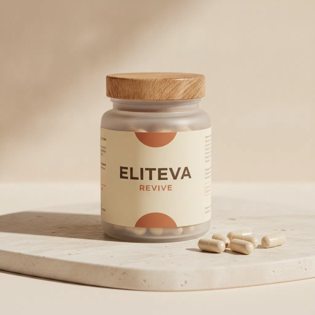 Eliteva Revive matglas supplement pot met houten deksel en ontwerp etiket